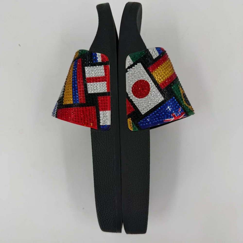 INC International Concepts World Flag Rhinestone Slide Sandals Black Womens 7